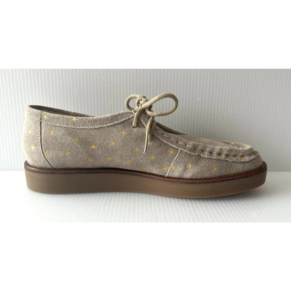 THE GREAT. Taupe Loafers with Yellow Star Details